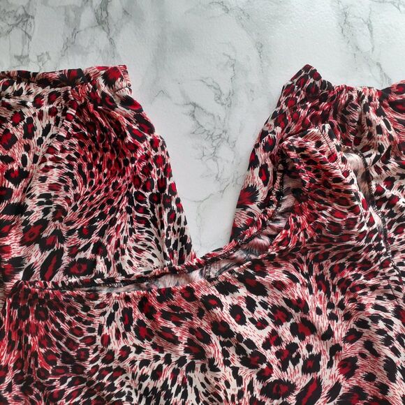Y2K Red Leopard Prints One Shoulder Elastic Hem Jumpsuit S - Picture 4 of 6